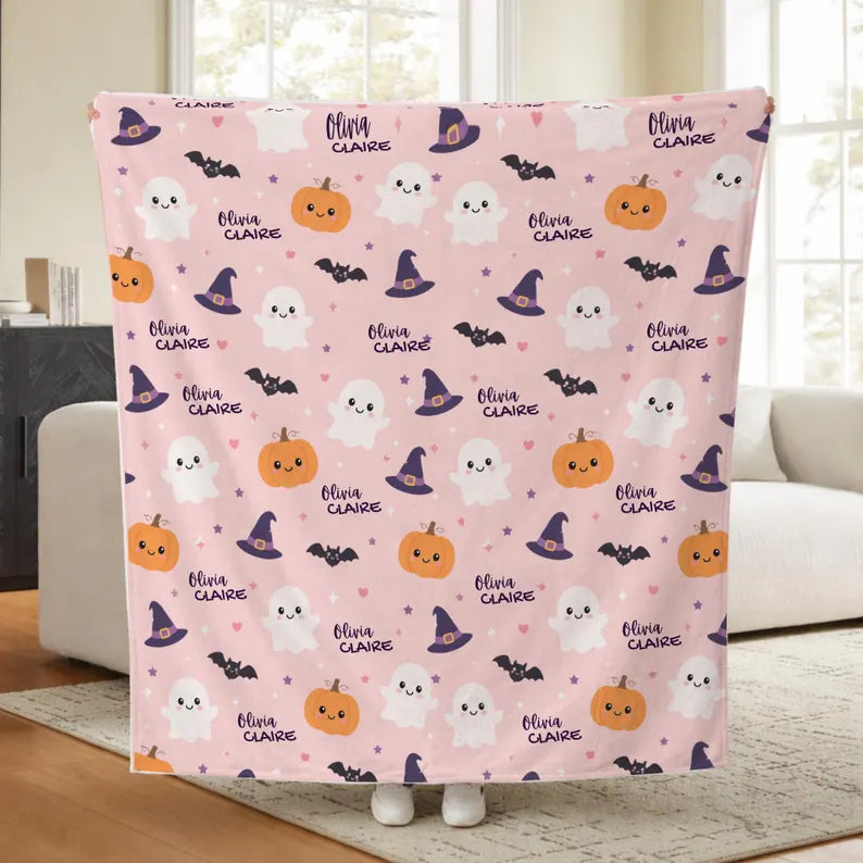 Personalized Halloween Baby Newborn Girl Boy Blanket | Custom Baby Name Blanket | Baby's First Halloween Gift | Cute Ghost Pumpkin Blanket. BLKPETAL9