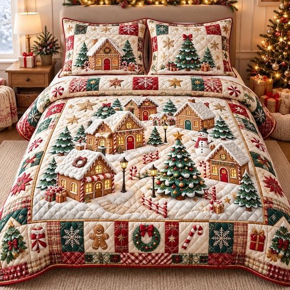 Gingerbread Village Quilted Bedding Set, Christmas Holiday Bedspread with Pillowcases, Festive Winter Bedroom Decor, Bedding Decor PTBED05