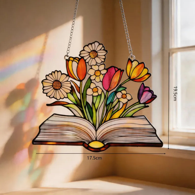Stained Glass Book Suncatcher, Floral Book Lover Gift, Reading Nook Decor, Window Hanging Glass Art, Teacher Gift, Library Decor. SUNPETAL12