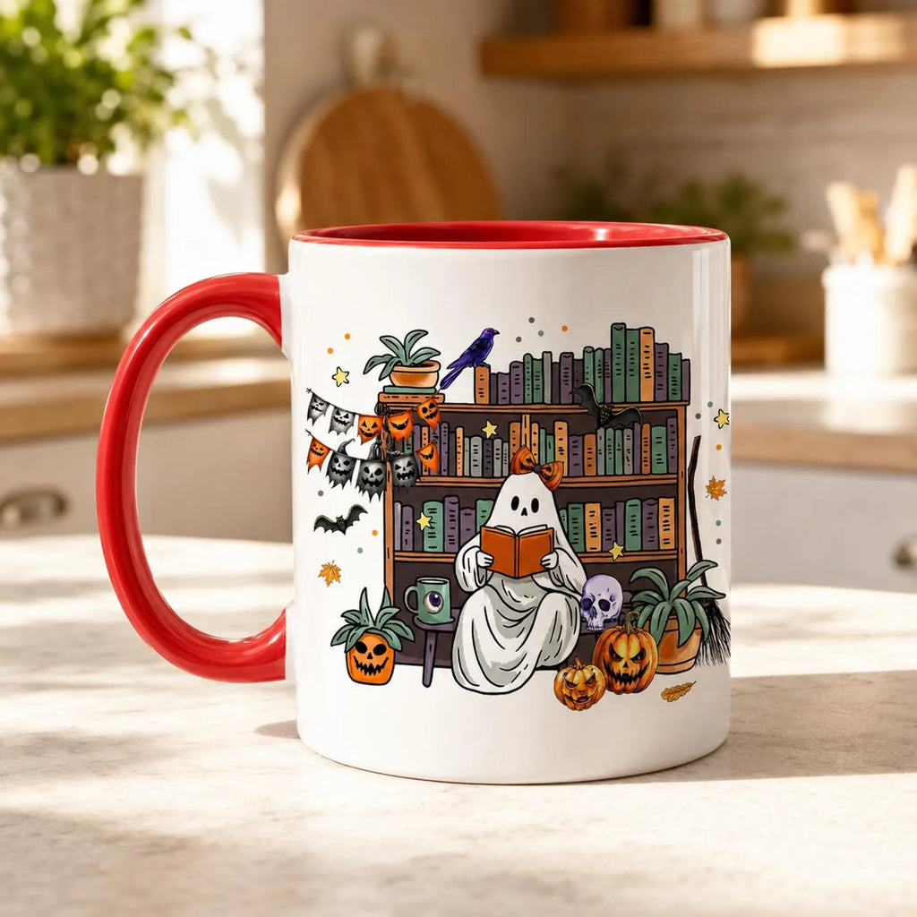 Cute Ghost Reading Book Mug, Spooky Bookshelf Ceramic Cup, Halloween Book Lover Gift For Librarian, Fall Autumn Bookish Cozy Reading Present. MPETAL15