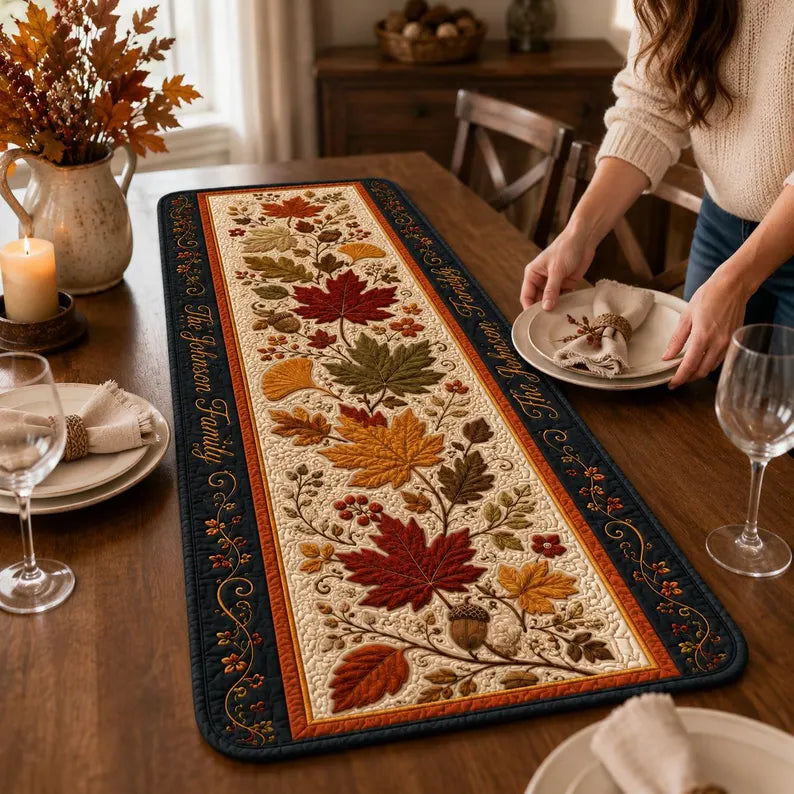 Autumn Leaves Quilted Table Runner, Fall Maple Leaf and Acorn Table Decor, Thanksgiving Dining Room Centerpiece. QTRPETAL8