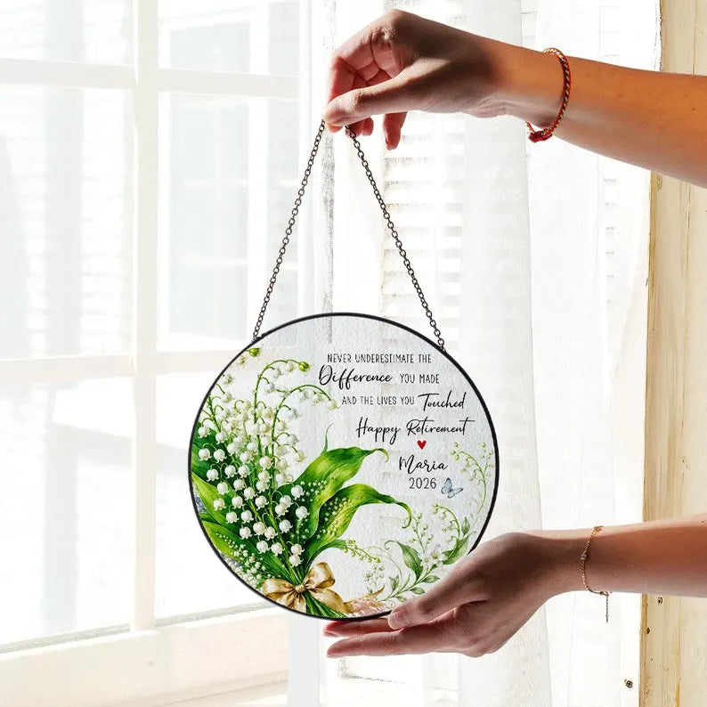 Lily of the Valley Retirement Suncatcher, Custom Teacher Gift, Personalized Window Hanging, Retirement Decor. SUNPETAL13