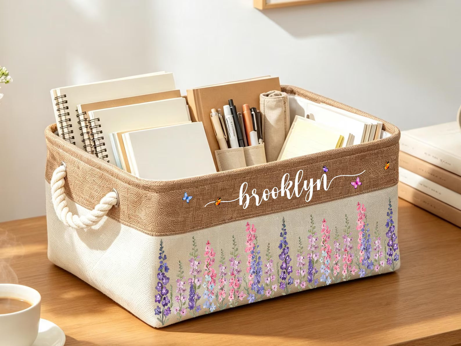 Custom Birth Flower & Name Book Basket For Her, Wife, Daughter, Sister, Coworker, Personalized Storage Basket, Storage Book Holder Gift. BBPETAL7
