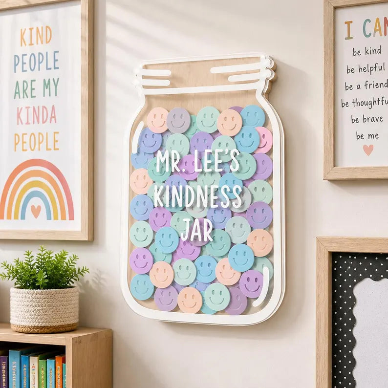Personalized Teacher Reward Jar, Custom Classroom Incentive Token Board, Pastel Smiley Face Reward System, Back to School Teacher Gift Hook. RJPETAL07