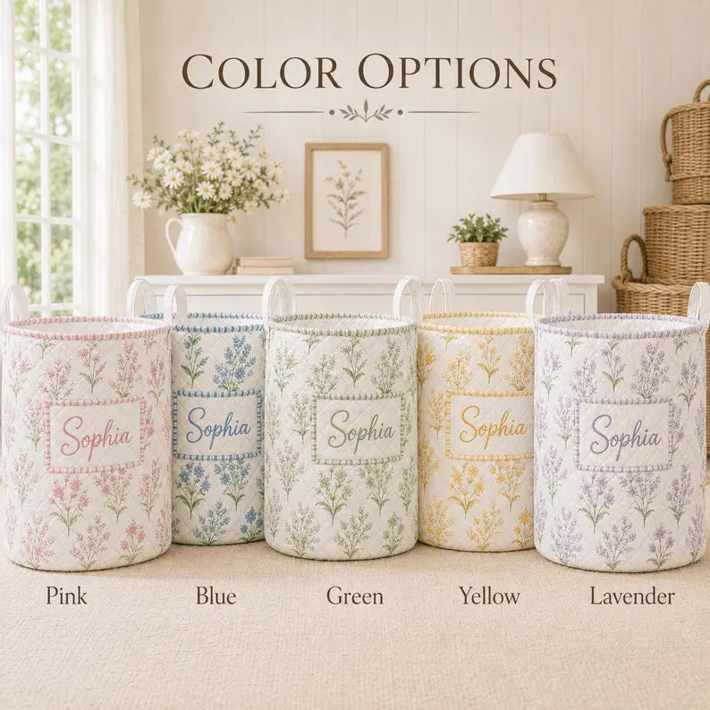 Personalized Floral Laundry Basket, Custom Name Quilted Storage Bin, Pastel Flower Nursery Hamper, Clothes Basket. LBPETAL142