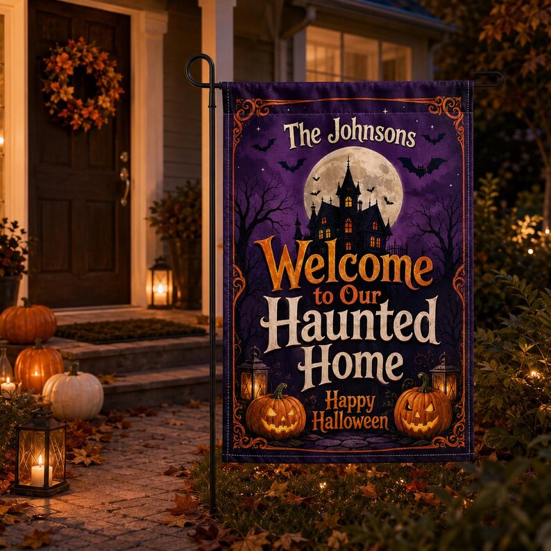 Personalized Halloween Garden Flag, Custom Family Name Yard Flag, Welcome to Our Haunted Home, Pumpkin Outdoor Porch Lawn Decor. HLWGFPETAL9