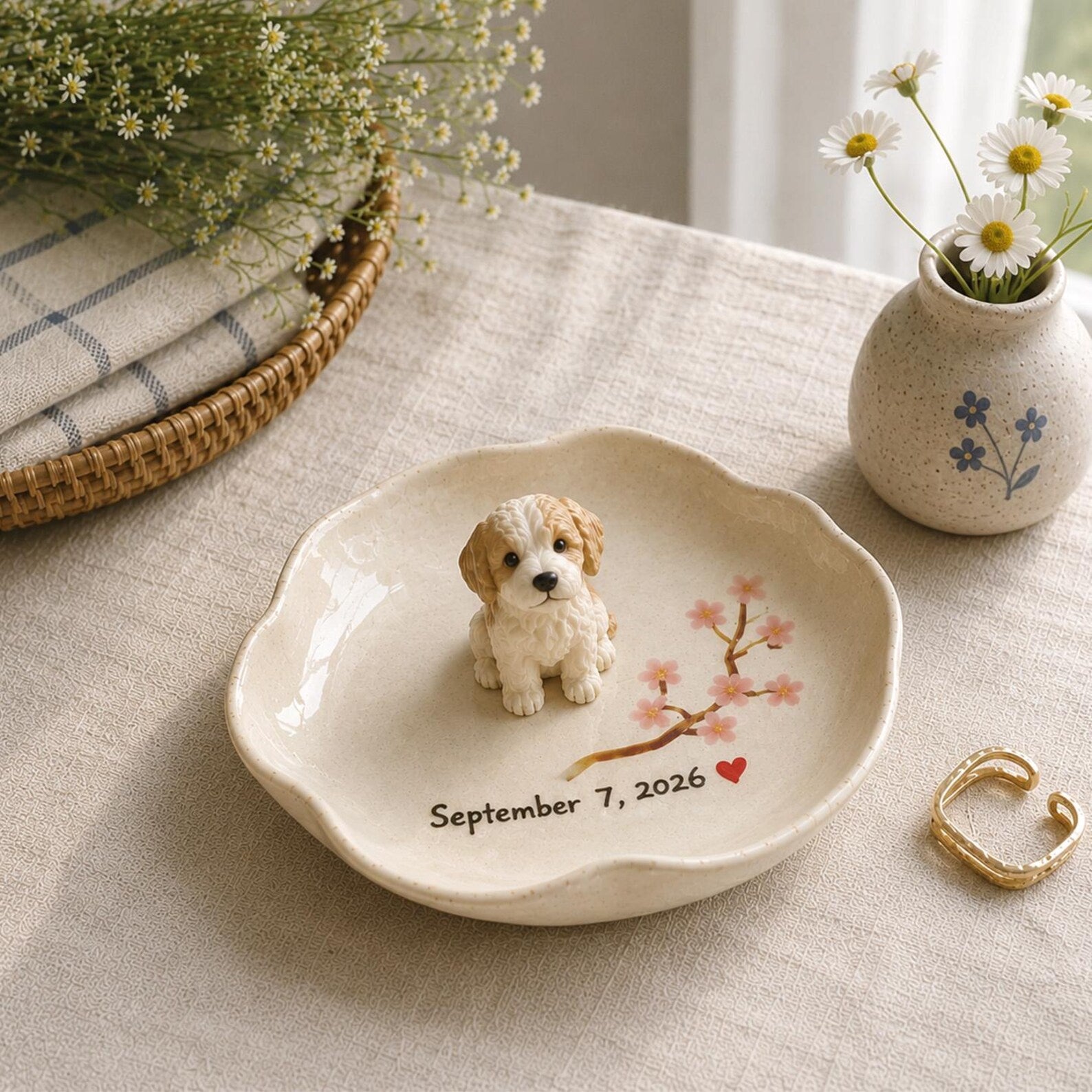 Personalized Dog Ring Dish, Ceramic Pet Jewelry Tray, Cherry Blossom Keepsake. CPPETAL14