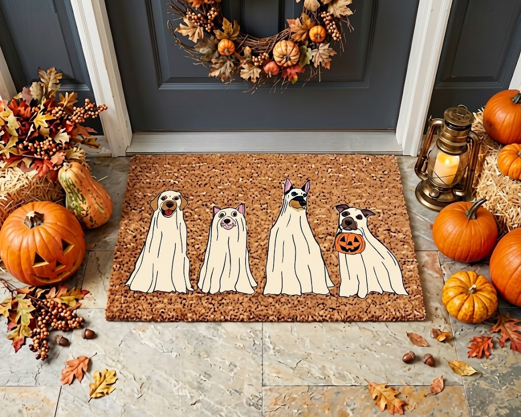 Ghost Dog Doormat, Funny Halloween Dog Doormat, Spooky Pet Welcome Mat, Dog Lover Gift, Halloween Decor, Coir Door Mat. DMPETAL6