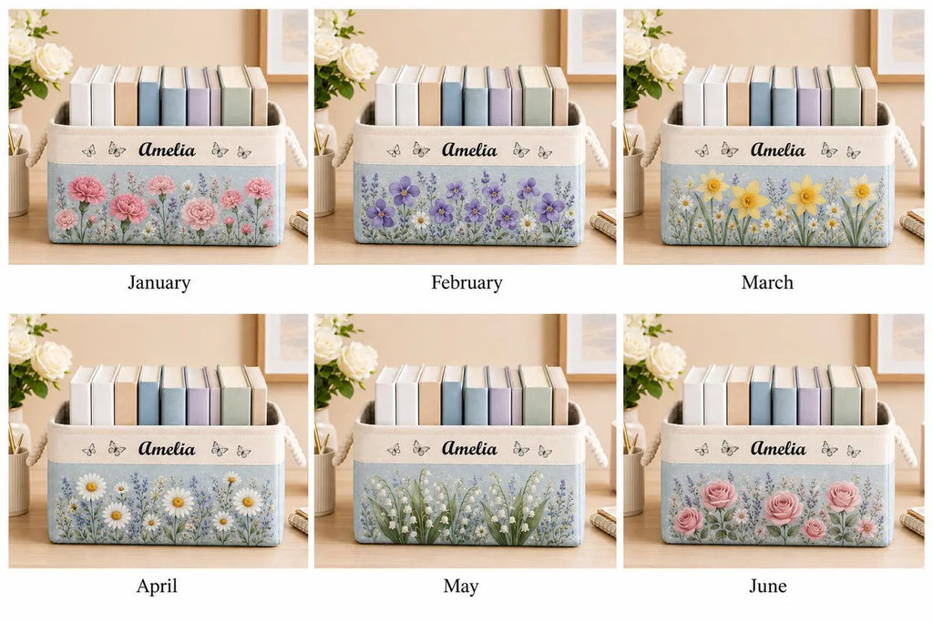 Personalized Birth Month Flower Book Basket, Custom Birth Flower & Name Storage Basket For Her, Wife, Daughter, Coworker, Book Lover Gift. BBPETAL3