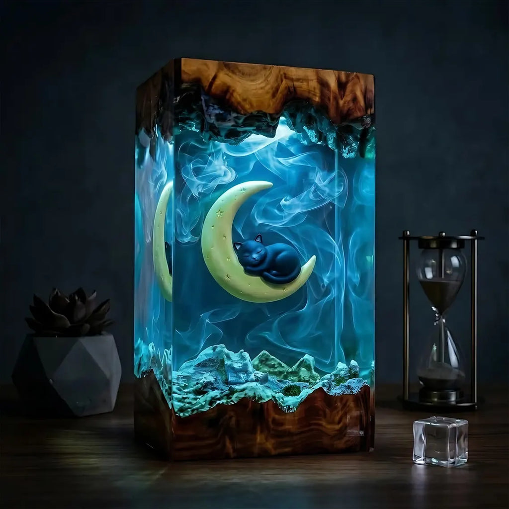 Sleeping Cat Moon Resin Lamp, Book Lover Night Light, Fantasy Reading Decor, Unique Gift for Readers and Cat Fans. RLPETAL03