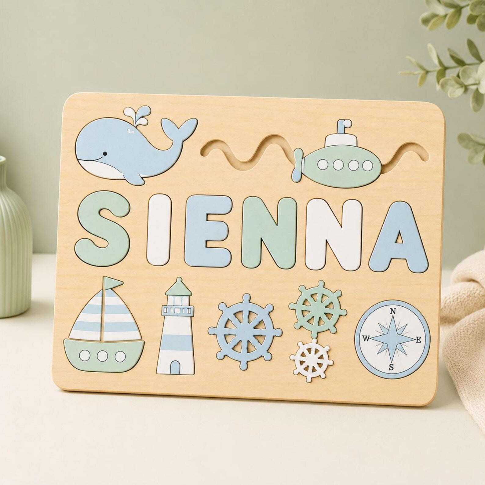 Personalized Nautical Name Puzzle, Custom Wooden Ocean Name Puzzle for Toddlers, Montessori Sea Adventure Puzzle, Kids Nursery Gift. NPPETAL18
