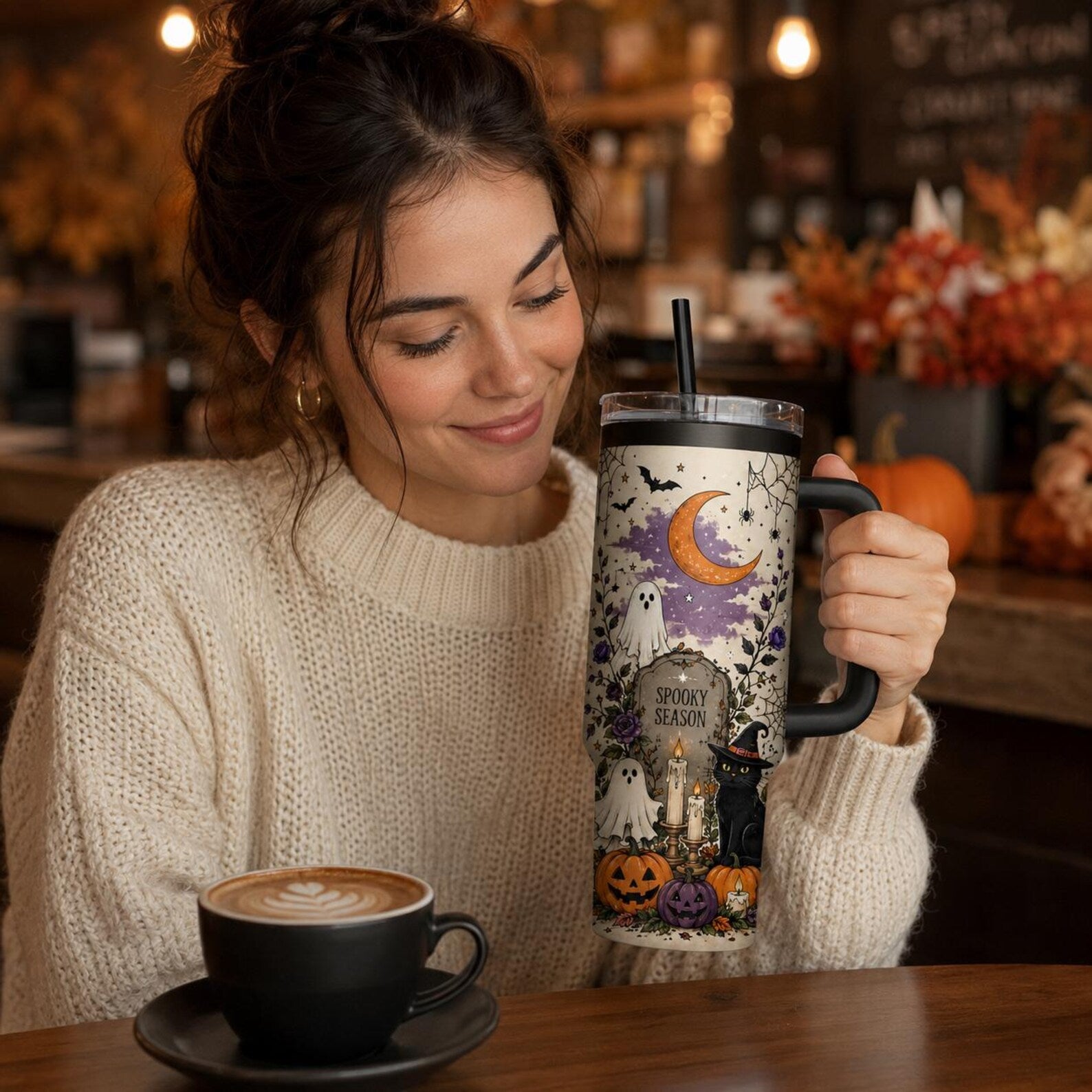 Personalized Halloween Tumbler, Spooky Haunted House Black Cat Travel Cup. Happy Halloween Tis The Season. TBLPETAL19
