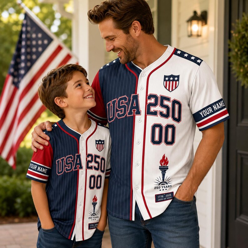 USA 250th Anniversary Baseball Jersey, Custom Couples 4th Of July Shirt, Patriotic Gift for Men. BJPETAL08