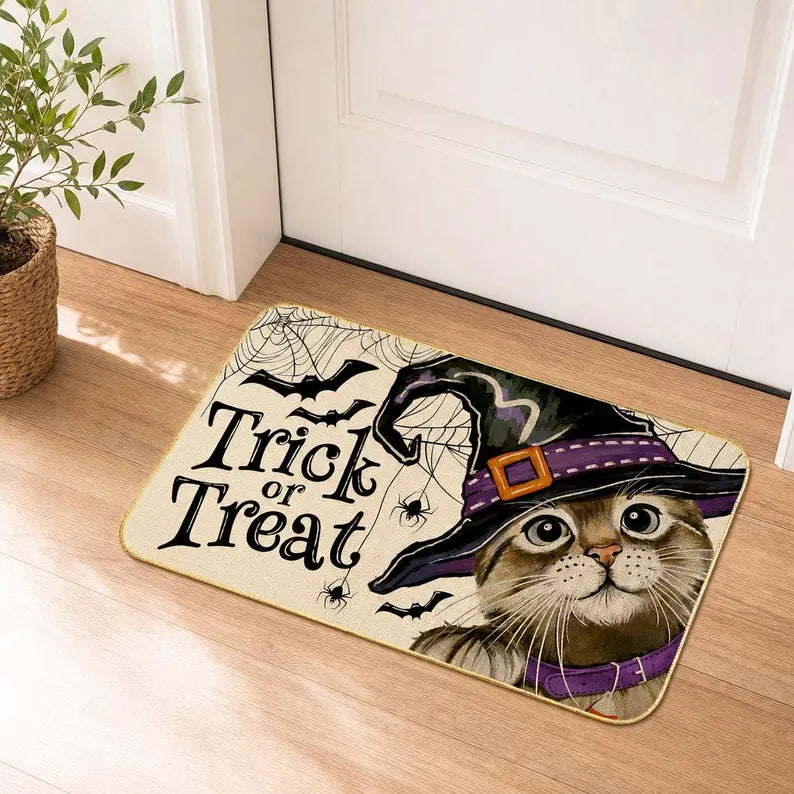 Halloween Cat Doormat Trick or Treat Witch Hat Door Mat Funny Spooky Home Decor. DMPETAL18