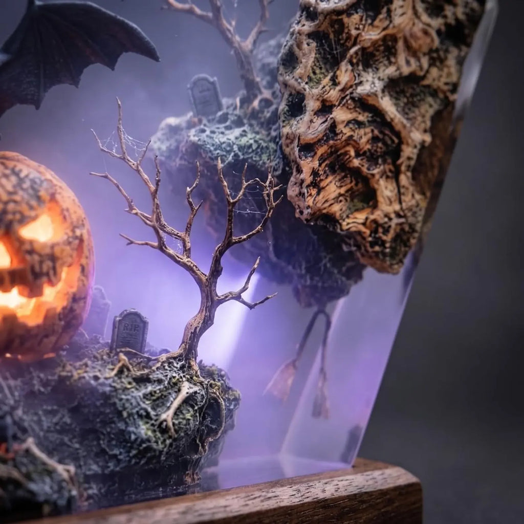 Jack O Lantern Epoxy Resin Lamp Spooky Bat Graveyard Diorama Wood Night Light. RLPETAL11