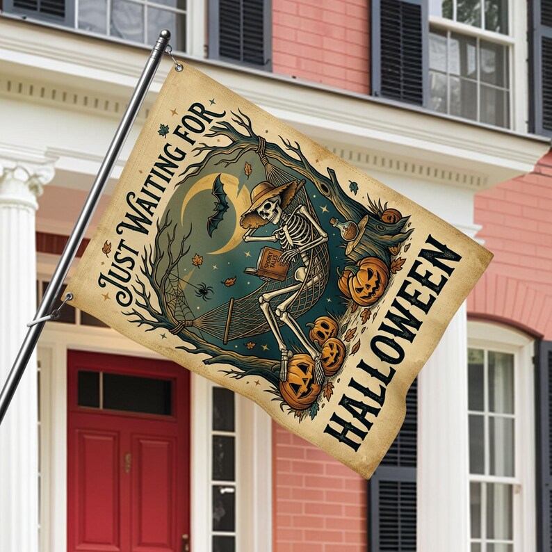 Just Waiting For Halloween Garden Flag, Skeleton Hammock Yard Flag, Spooky Pumpkin Halloween Decor, Witchy Fall Porch Flag. HLWGFPETAL12