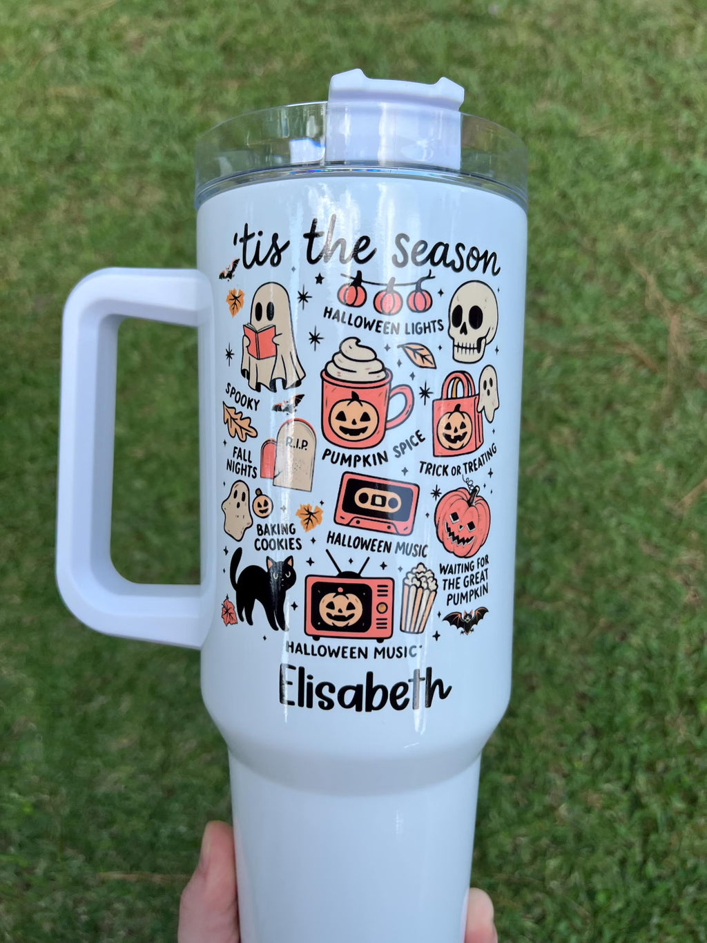 Spooky season 40oz tumbler, halloween 40oz tumbler with handle, pumpkin and skeleton tumbler for halloween, boo basket gift for her. TBLPETAL8