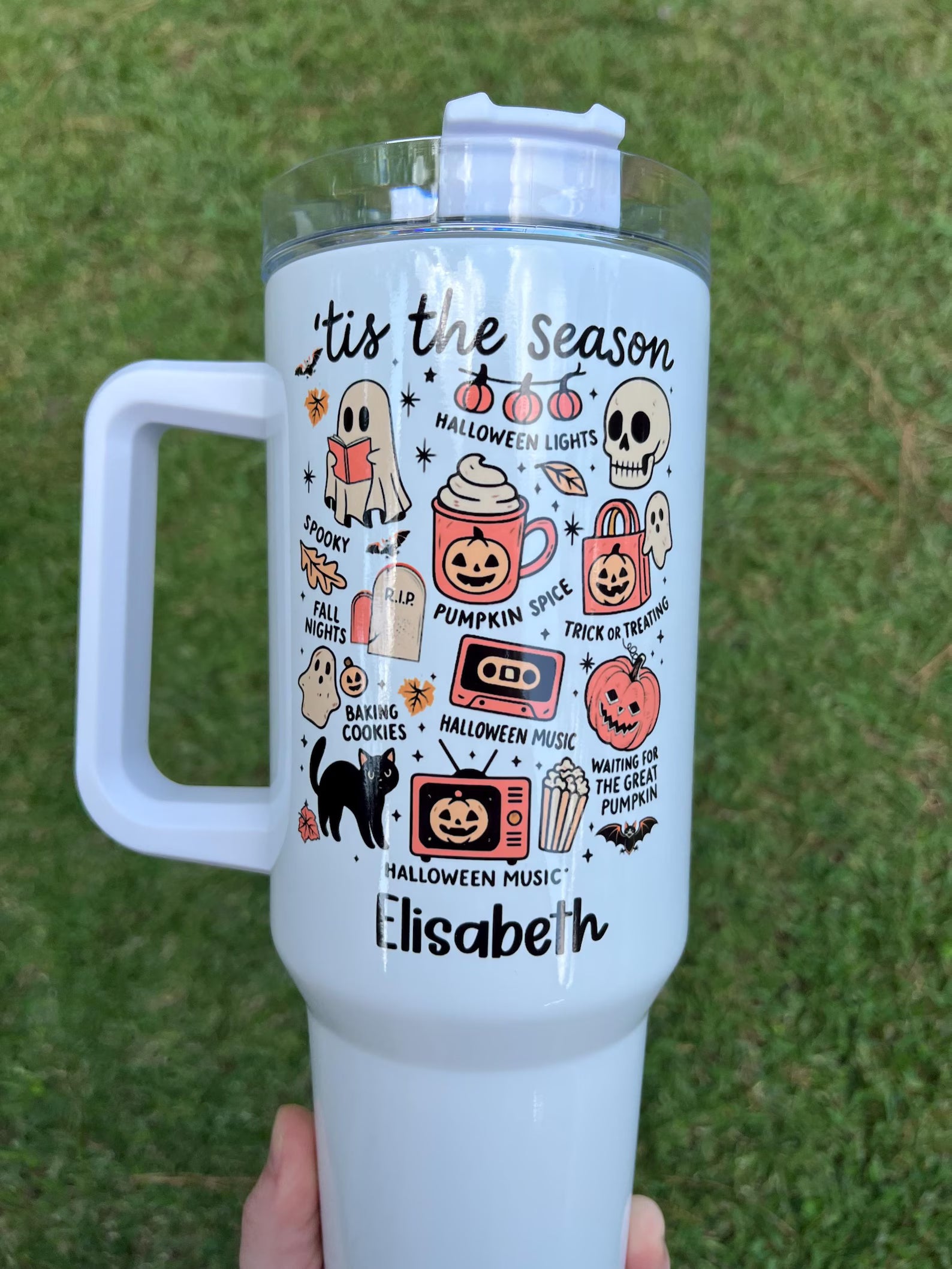 Spooky season 40oz tumbler, halloween 40oz tumbler with handle, pumpkin and skeleton tumbler for halloween, boo basket gift for her. TBLPETAL8