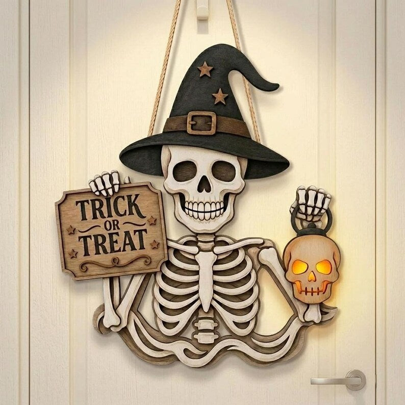 Skeleton Welcome Wooden Door Hanger, Trick or Treat Halloween 2D Flat Sign, Witch Hat Decor, Wooden Halloween Door Sign, Halloween Gift. HLWDHPETAL06