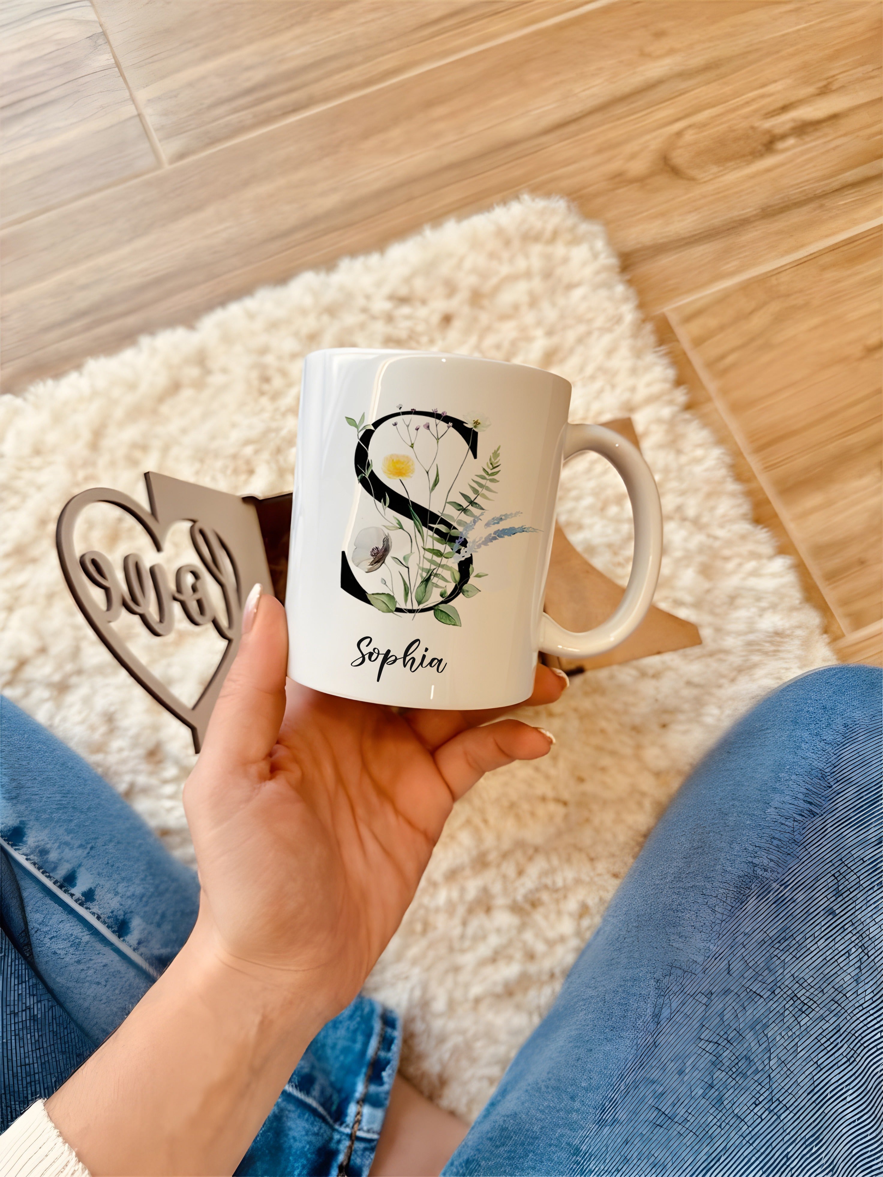 Personalized Flower Alphabet Mug, Custom Initial Letter Coffee Cup with Name, Botanical Monogram Gift for Her, Birthday or Bridesmaid