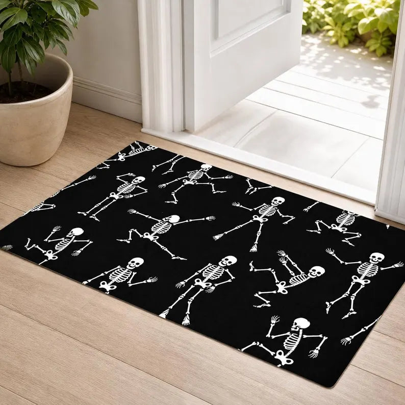 Dancing Skeleton Doormat Halloween Large Black Entry Rug Non-Slip Indoor Outdoor Mat Spooky Decor. DMPETAL20