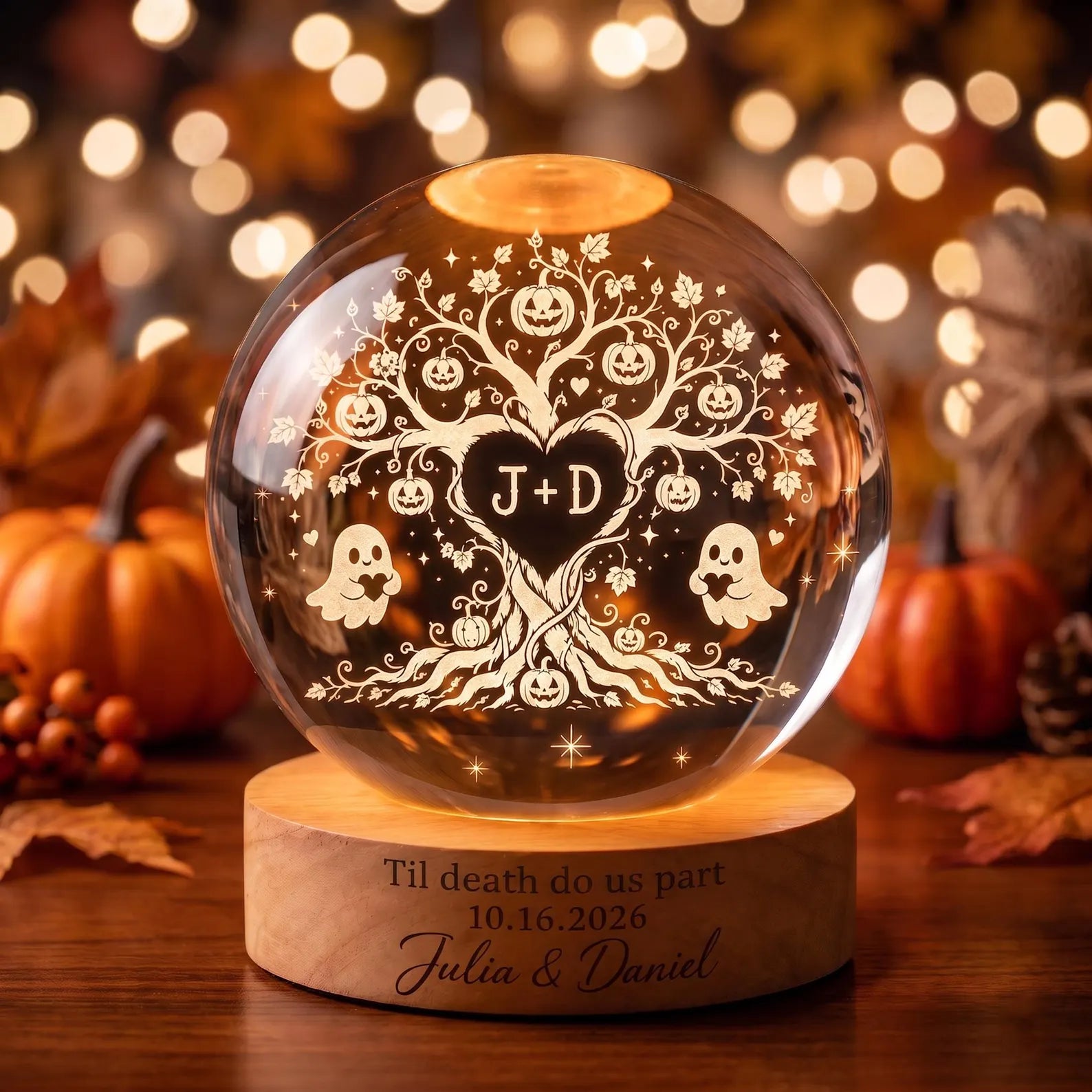 Custom Couple Tree of Love Crystal Ball Night Light, Spooky Couple LED Night Light, Halloween Wedding Gift for Couple, Halloween Home Decor. LEDPETAL12