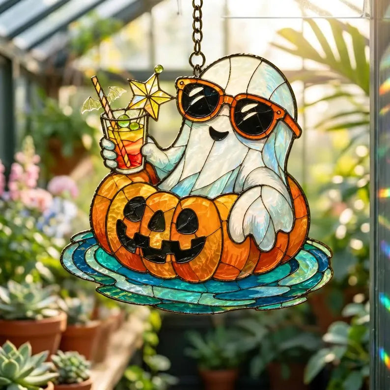 Americano Ghost Acrylic Suncatcher Window Hanging Pumpkin Decor Spooky Fall Ornament SummerWeen Suncatcher, Gift for Halloween Lovers. HSPETAL8