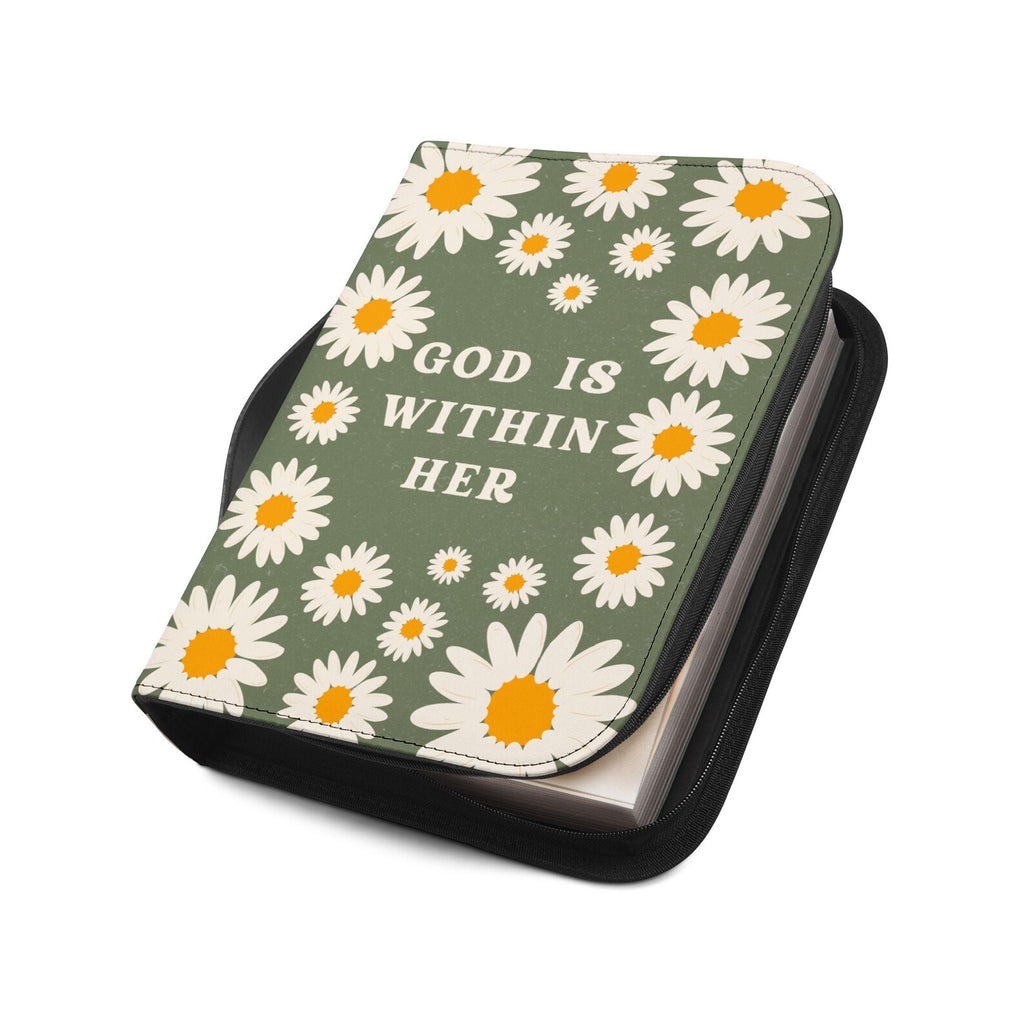 Daisy Bible Cover Case, God Is Within Her Christian Gift, Green Floral Scripture Bag. BCPETAL14