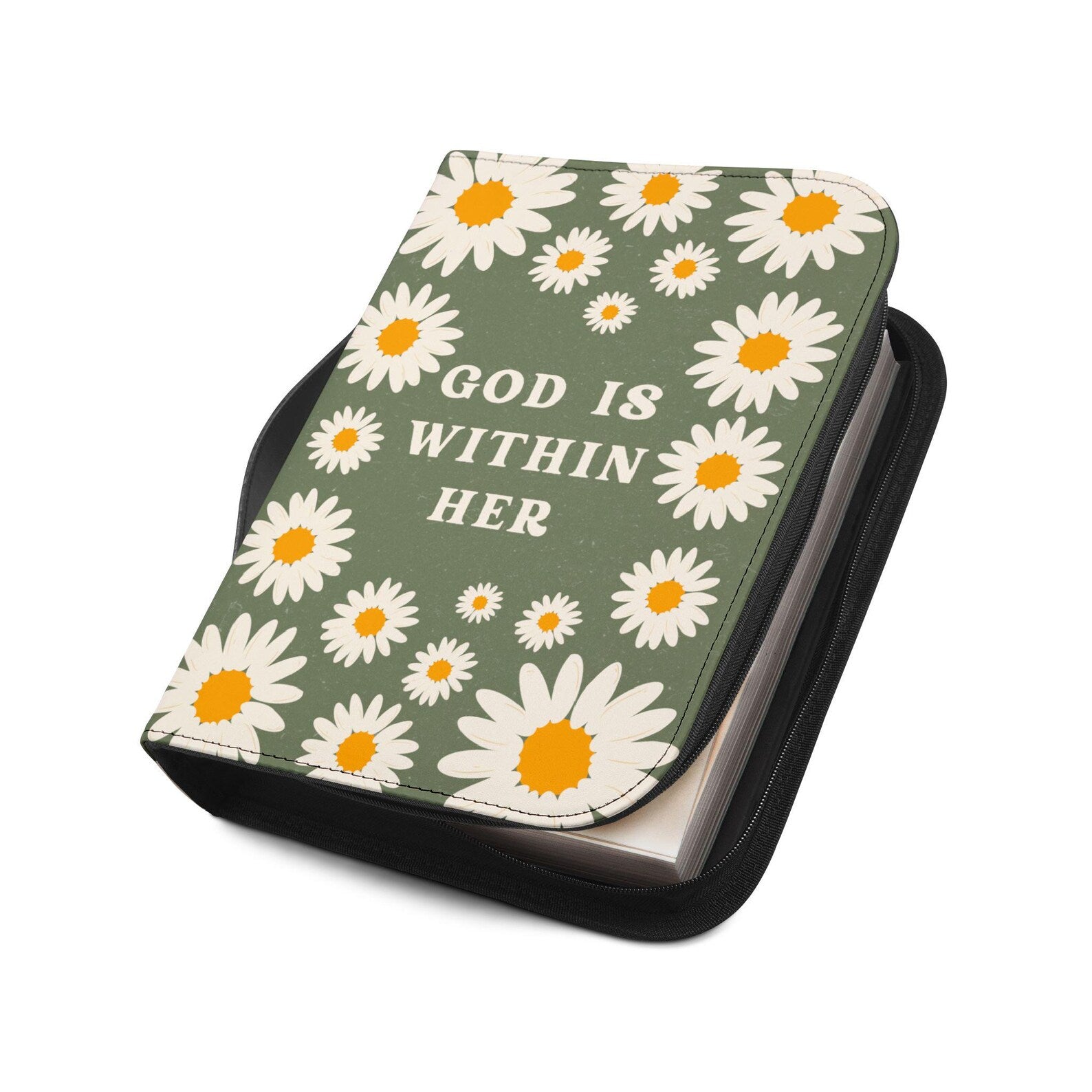 Daisy Bible Cover Case, God Is Within Her Christian Gift, Green Floral Scripture Bag. BCPETAL14