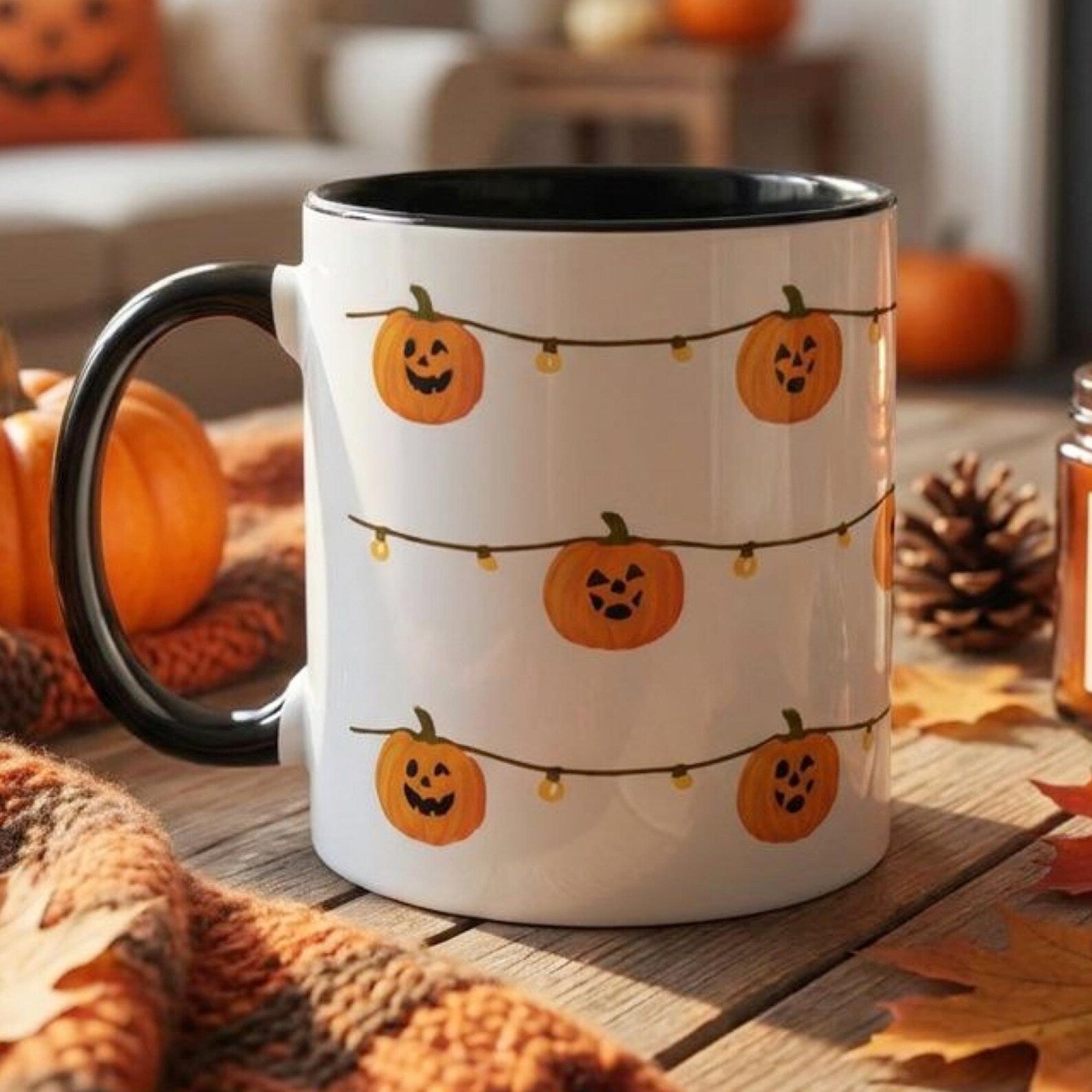 Jack O Lantern String Lights Mug, Cute Halloween Pumpkin Coffee Cup, Halloween Gift For Her, Spooky Season Mug, Cute Pumpkin Halloween Gift. MPETAL3