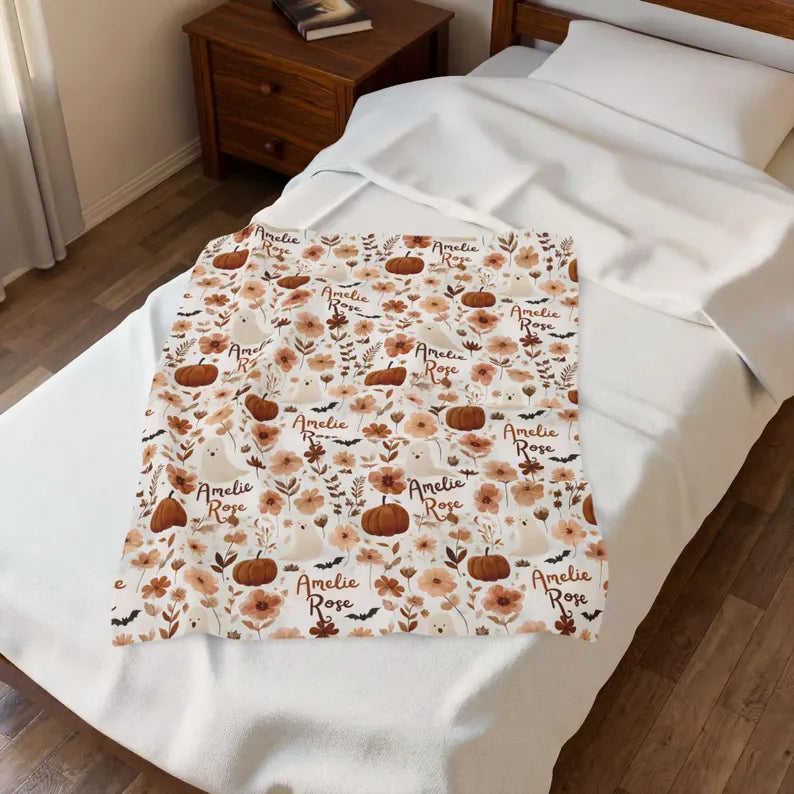 Personalized Boho Ghost Pumpkin Blanket Halloween Floral Velveteen Plush Fall Baby Shower Gift Autumn Room Decor. BLKPETAL5