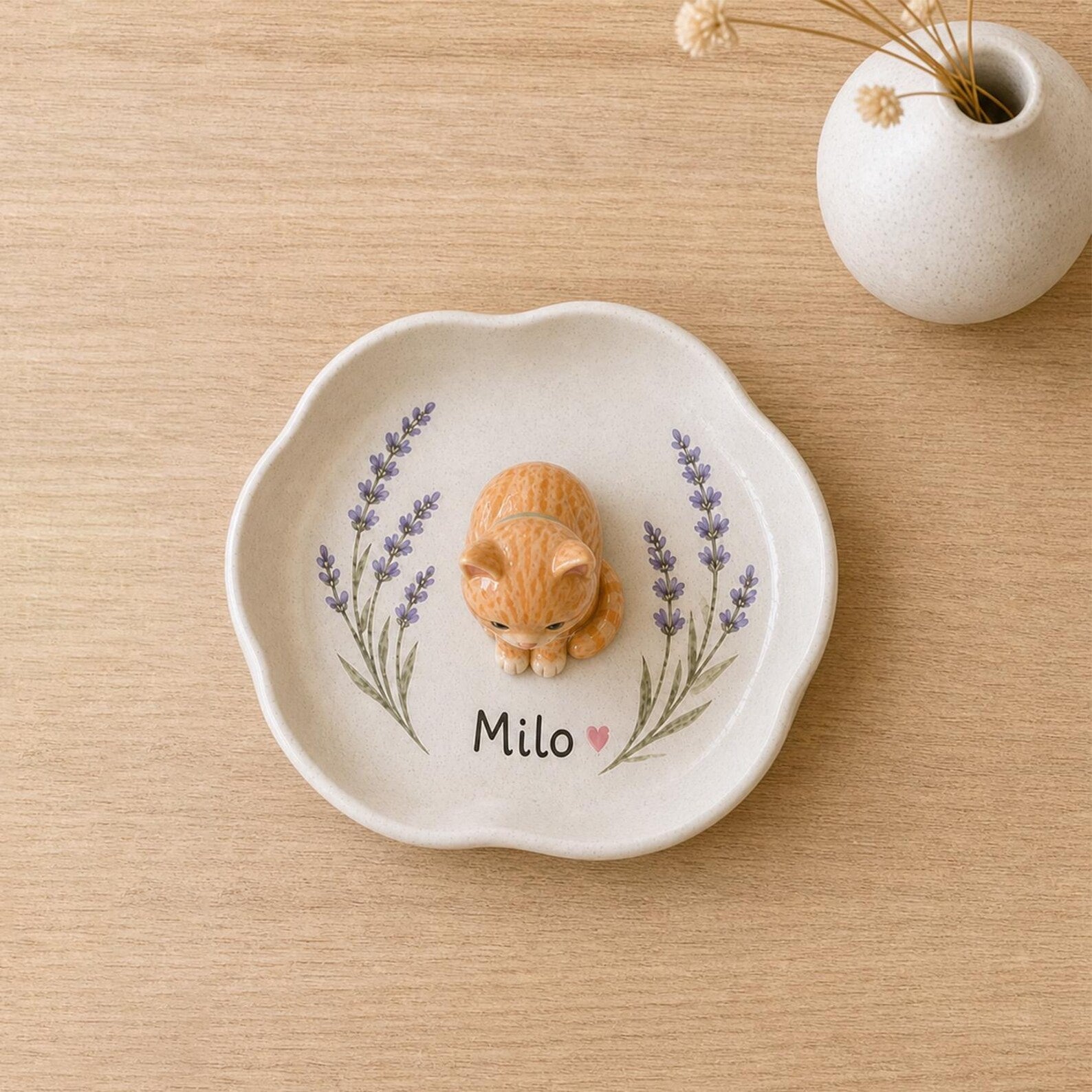 Custom Ceramic Pet Ring Dish, Handmade Dog Cat Jewelry Tray, Lavender Keepsake Storage. CPPETAL13
