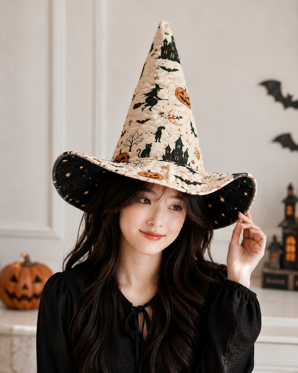 Halloween Quilted Witch Hat for Women – Soft Padded Witch Costume Hat with Pumpkin, Bat & Haunted House Print. QWHPETAL1