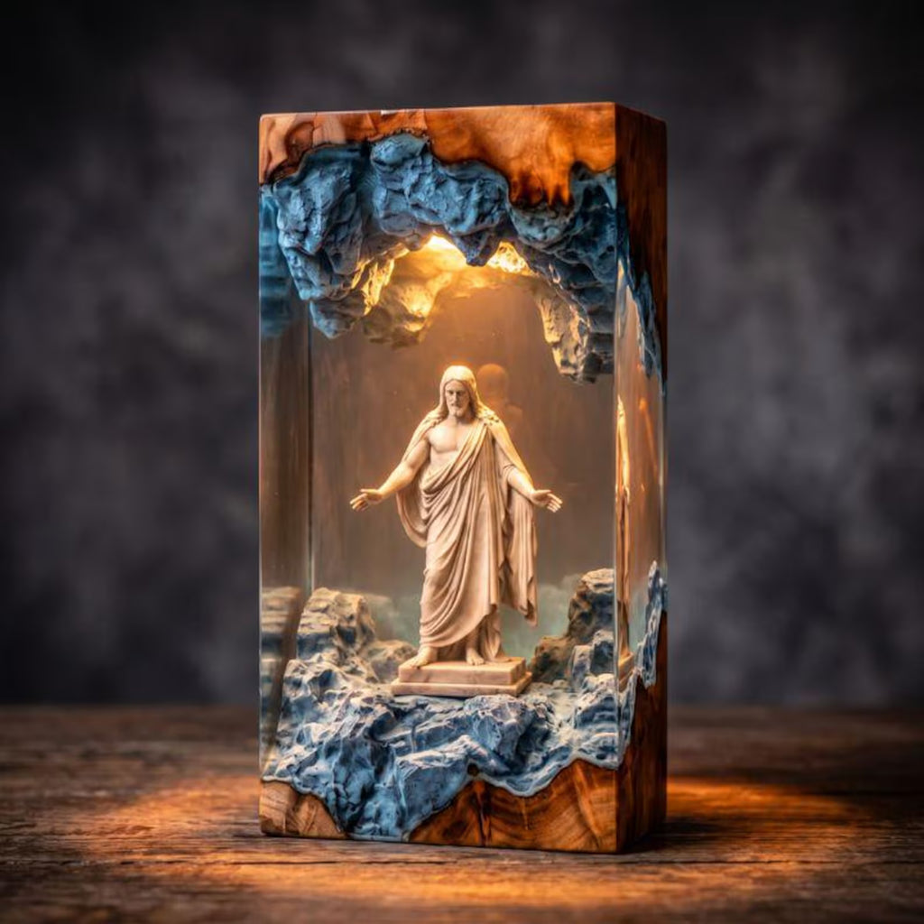 Jesus Resin Wood Night Light, Christian Desk Decor, Catholic Bedside Table Lamp, Religious Easter Gift, Dorm Room Lighting. RLPETAL17