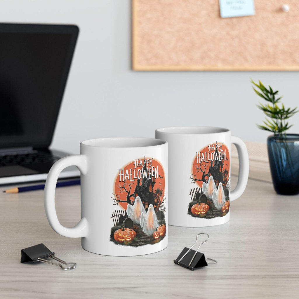 Happy Halloween Mug Spooky Ghosts Coffee Cup Gothic Haunted House Ceramic Mug Glowing Full Moon Autumn Fall Gift Holiday Keepsake Cup. MPETAL13