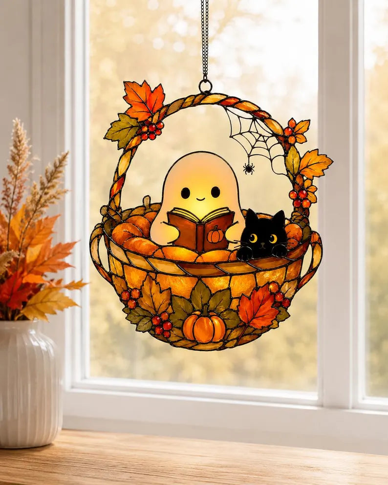 Ghost Reading Book Suncatcher, Ghost And Black Cat in Teacup Acrylic Suncatcher, Book Lover Gift, Ghost Reading Suncatcher Ornament. HSPETAL9
