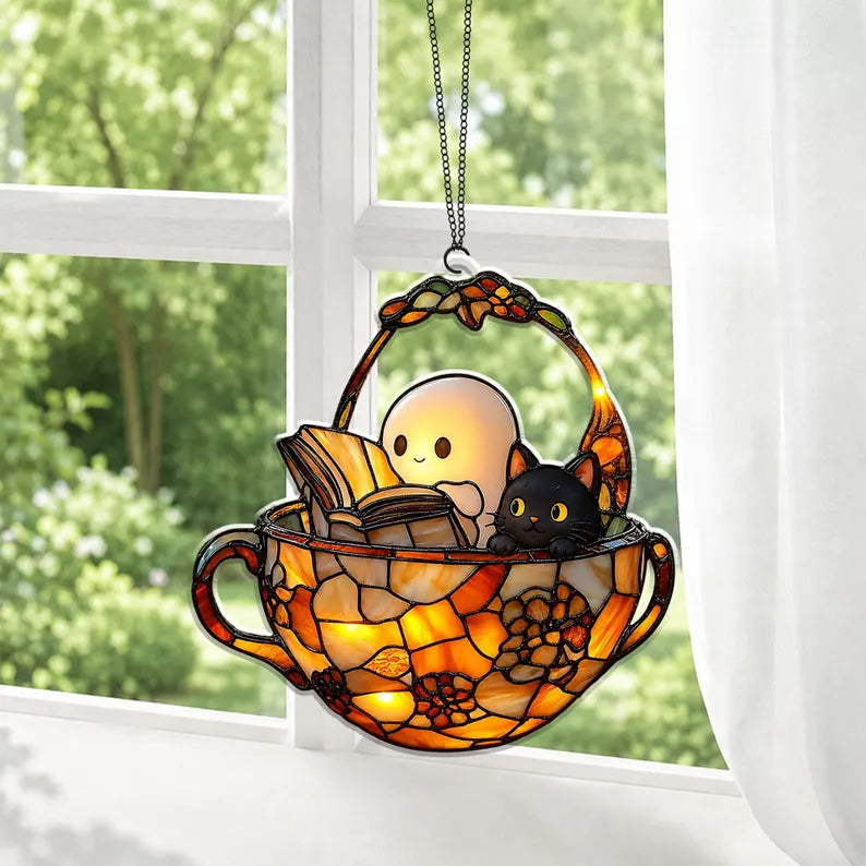 Cute Ghost Reading Book And Black Cat Acrylic Ornament, Halloween Window Hanging, Halloween Bookish Gift, Cat Lover Gift, Book Lover Gift. HSPETAL3