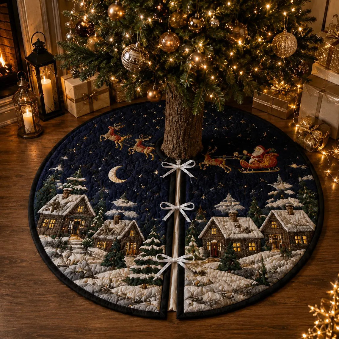 Christmas Village Tree Skirt, Quilted Snowy Cottage Holiday Tree Mat, Santa Sleigh Night Sky Farmhouse Christmas Decor Gift. CTSPETAL05
