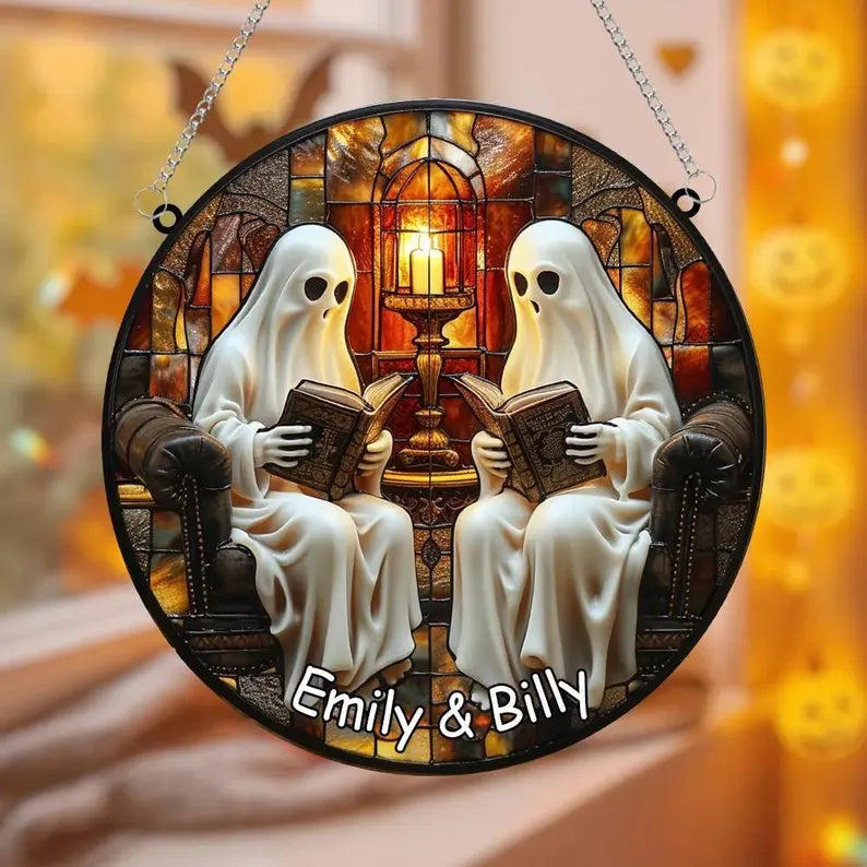 Reading Ghost Couple Acrylic Suncatcher, Cozy Library Faux Stained Glass Halloween Window Decor, Bookish Ghost Gift for Readers. HSPETAL11