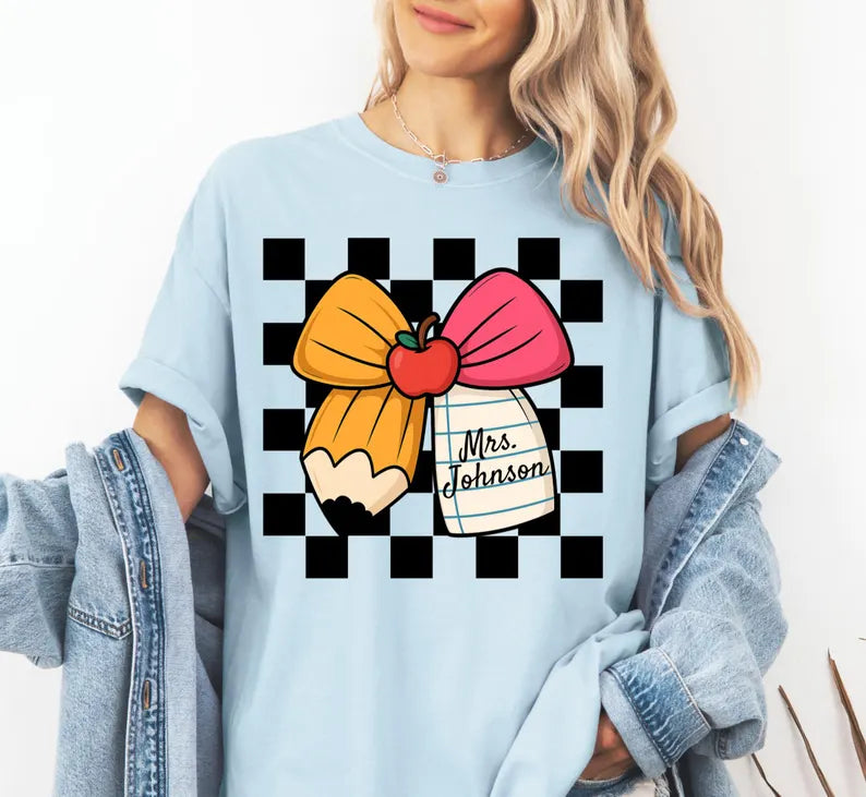 Custom Teacher Shirt, Personalized Teacher Name TShirt, Comfort Colors Back To School Teacher Team Bow T-shirt, Teacher Appreciation Gifts. SPETAL15