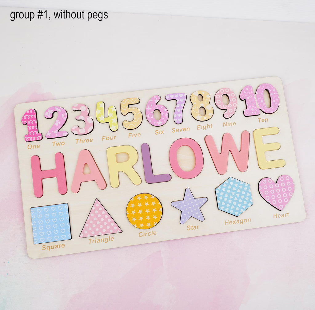 Personalized Wooden Name Puzzle Gift for Boys & Girls, Custom Baby Gifts Name Puzzle with Numbers, Geometry Shapes, Back Engraving. NPPETAL1