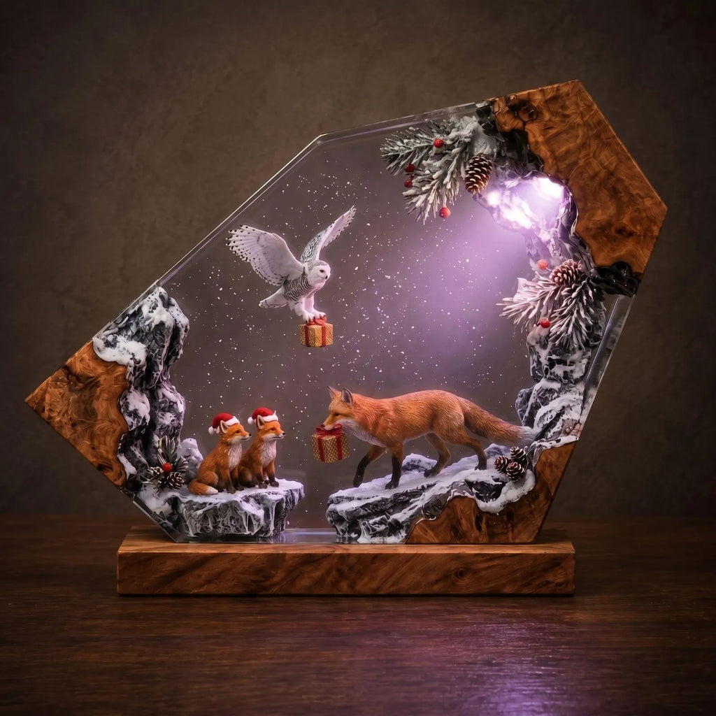 Snowy Owl and Fox Resin Lamp, Winter Wildlife Diorama Night Light, Rustic Burl Wood Lamp, Cozy Bedroom Accent Light, Nature Lover Gift. RLPETAL13