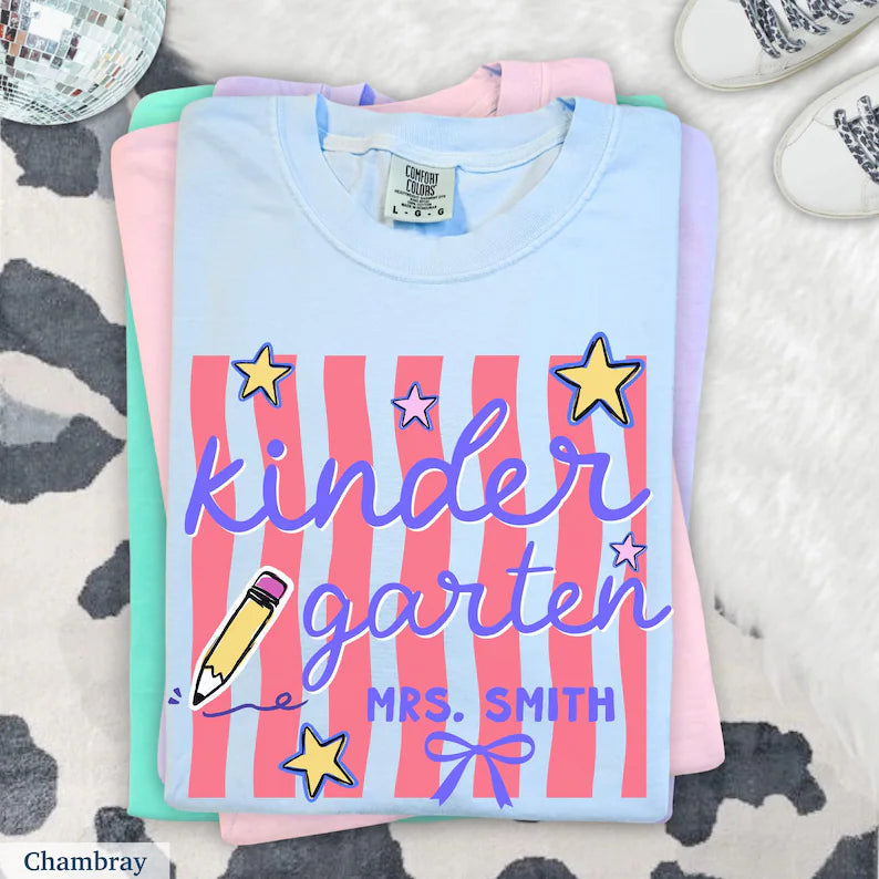 Custom Kindergarten Teacher Shirt, Comfort Colors® Kindergarten Tee, Retro Stripe Kindergarten Team Shirt, Back to School, Elementary Teach. SPETAL7
