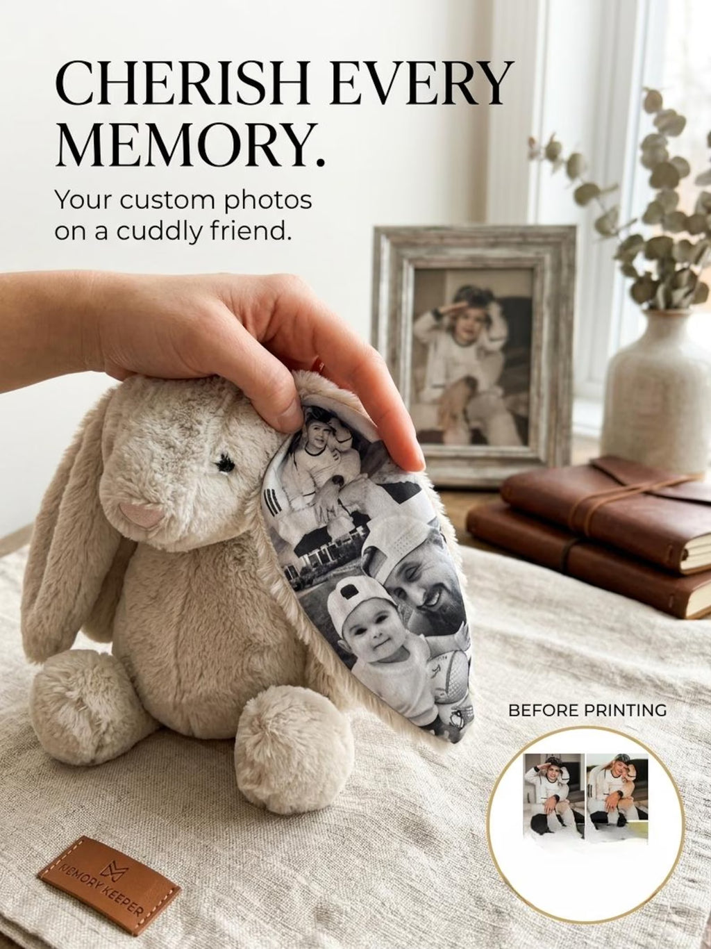 Custom Photo Bunny Plush, Personalized Picture Ear Gift for Girlfriend Boyfriend, Anniversary Birthday Gift, Memory Keepsake. BPPETAL1