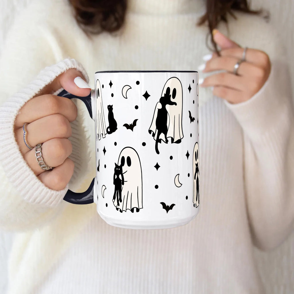 Ghost Holding Cats 15oz Ceramic Coffee Mug - Spooky Cute Halloween Cat Lover Gift - Microwave Dishwasher Safe Sip-Sip Hooray!. MPETAL8