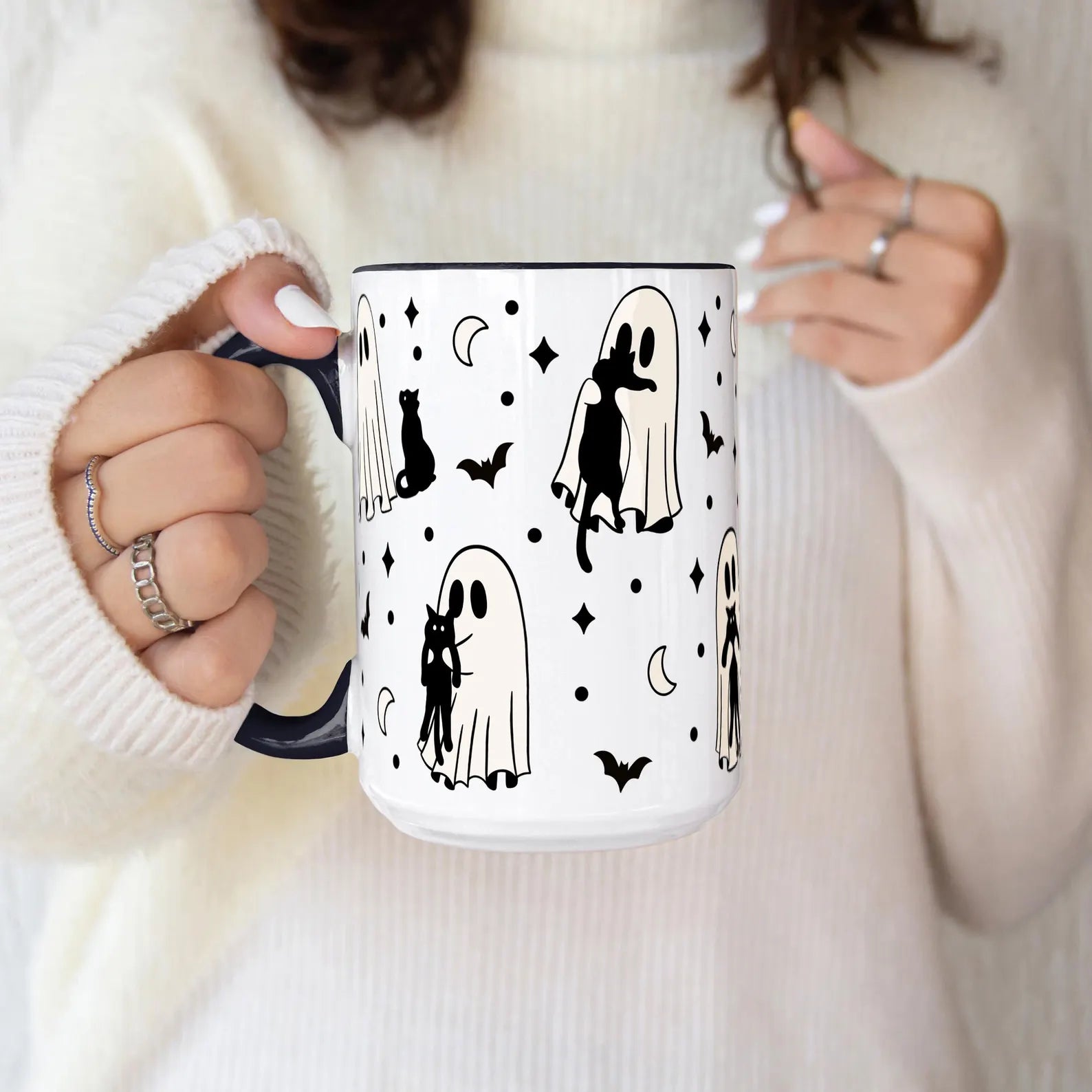 Ghost Holding Cats 15oz Ceramic Coffee Mug - Spooky Cute Halloween Cat Lover Gift - Microwave Dishwasher Safe Sip-Sip Hooray!. MPETAL8