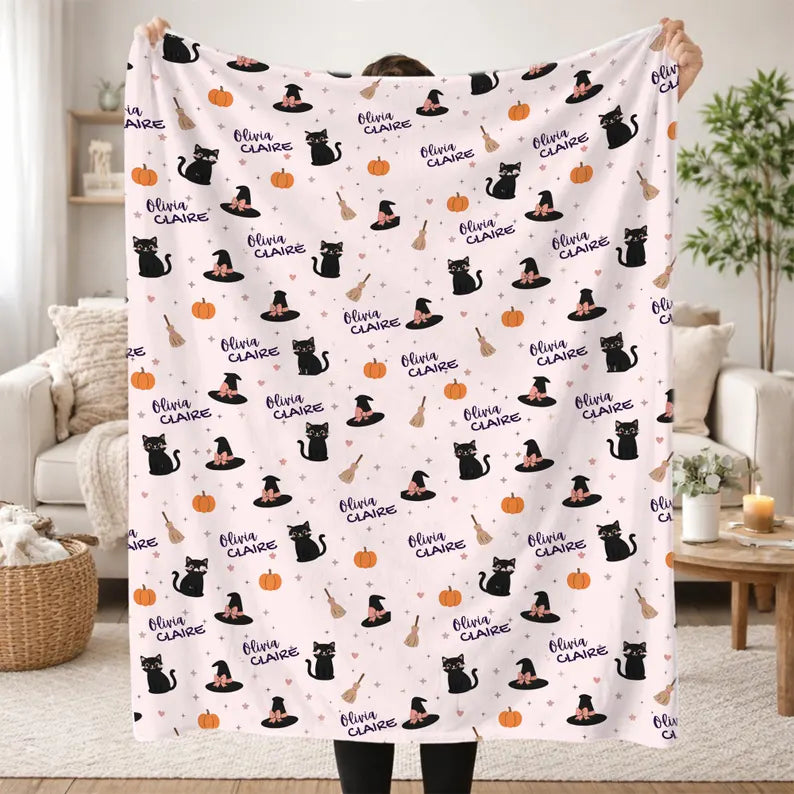 Personalized Halloween Baby Blanket | Custom Baby Name Blanket Black Cats Witch Hats | Baby's First Halloween Gift | Newborn Baby Shower. BLKPETAL6