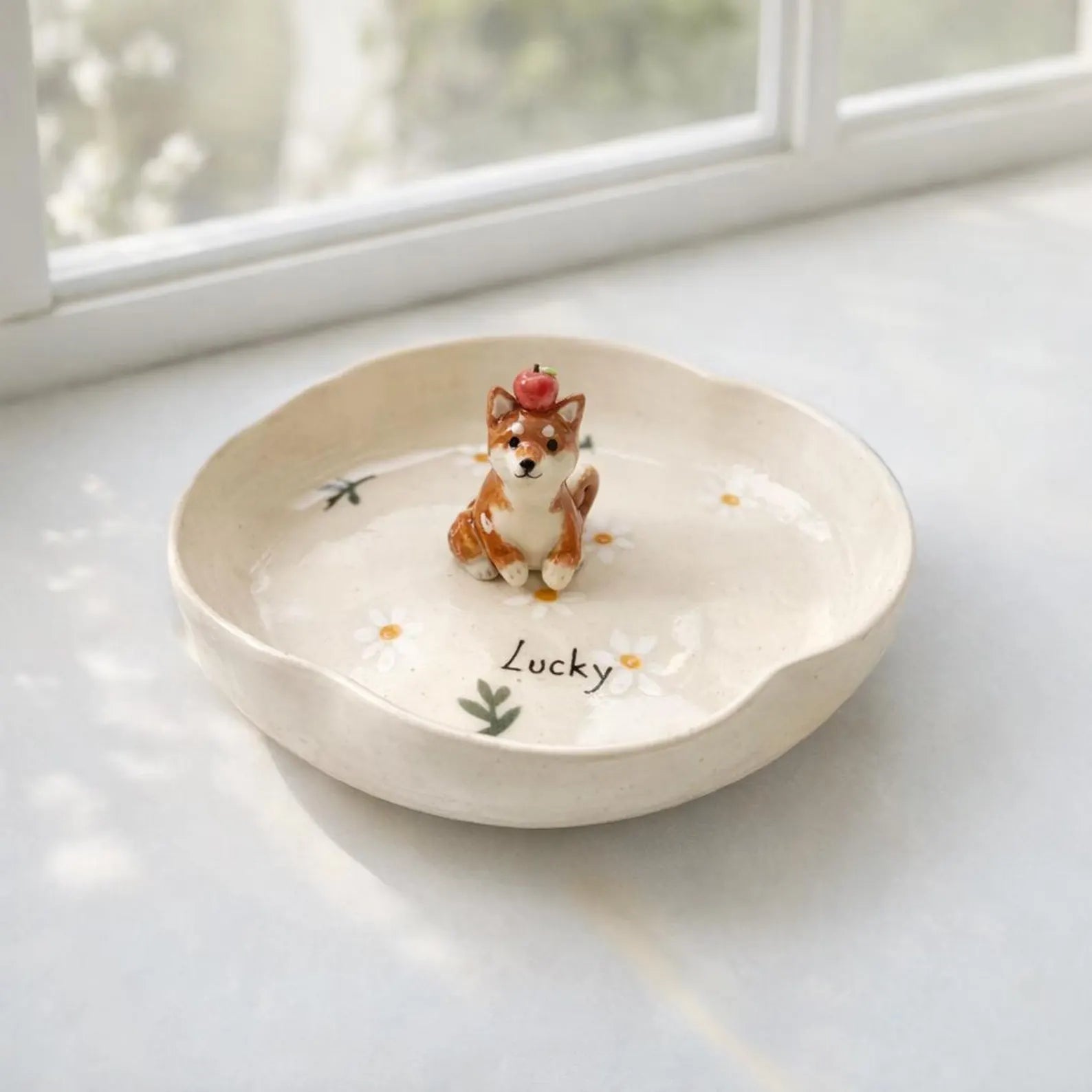 Custom 3D Pet Ring Dish, Daisy Ceramic Jewelry Tray, Hand-sculpted Dog Portrait Trinket Bowl. CPPETAL02