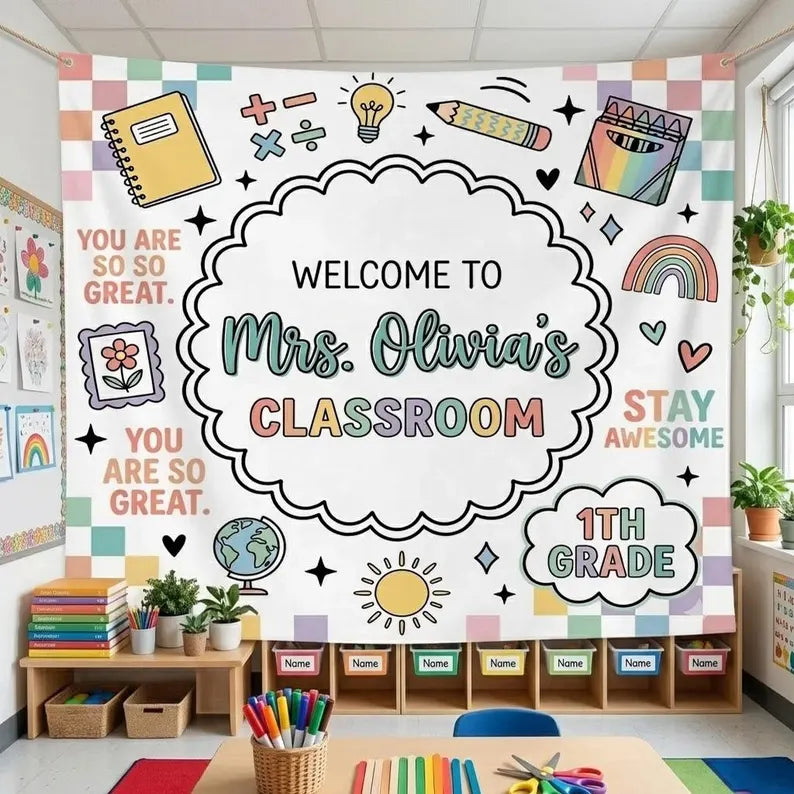 Personalized Teacher Classroom Banner: Welcome Classroom Sign, Back To School Decor,personalized teacher banner. Classroom Banner Custom Name. CBPETAL13