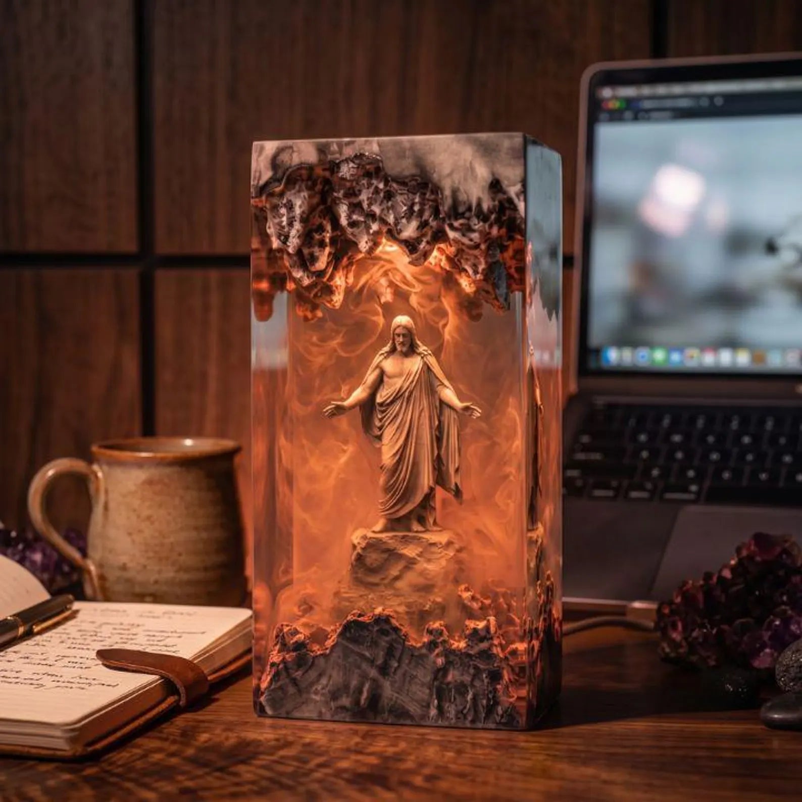 Jesus Cloud Resin Lamp, Ethereal Christian Night Light, Religious Home Decor, Spiritual Gift for Family, Wood Epoxy Art. RLPETAL20